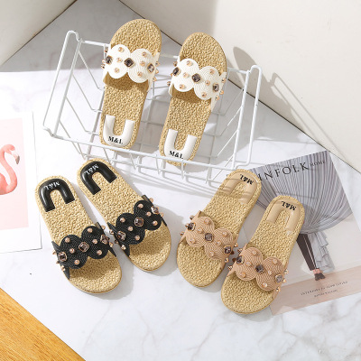 2019 Summer New Hollow Non-Slip Breathable Wheat Pattern Flat Slippers with Diamond Open Sandals for Women
