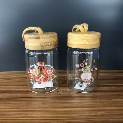 Printed Borosilicate Hard Glass Bamboo Cover Cold Kettle Water Cup