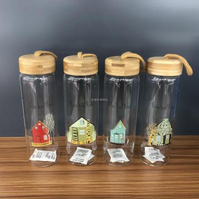 Printed Borosilicate Hard Glass Bamboo Cover Cold Kettle Water Cup