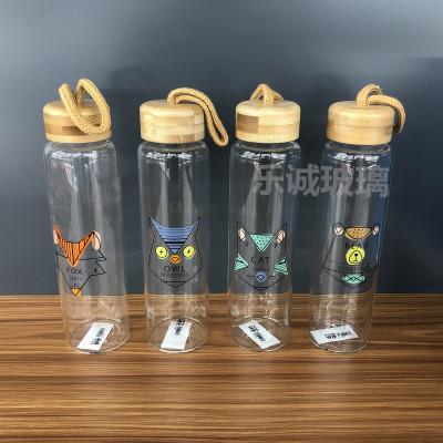 Printed Borosilicate Hard Glass Bamboo Cover Cold Kettle Water Cup