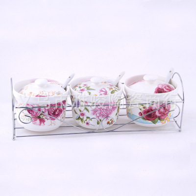 Ceramic ceramic 4-piece set contains iron stand contains ceramic ceramic 4-piece set contains iron stand contains exquisite flower rose contains pot wholesale