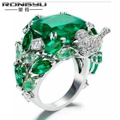 Rongyu Wish Foreign Trade Popular Style European and American Popular Hand Jewelry Factory Emerald Leaves Bird Classic Ring