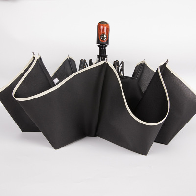 Beige Hemming Tri-Fold Automatic Rain Umbrella 8-Bone Plastic Handle Touch Woven Plain Cloth Self-Opening Business Umbrella