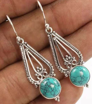 Rongyu Wish Hot Sale New Inlaid Turquoise Drop-Shaped Flower Earrings European and American Retro Plated 925 Silver Earrings