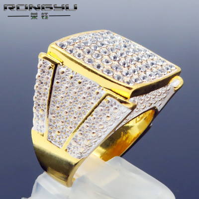 Rongyu Wish Hot Sale New 18K Gold Plated Square Men's Full Diamond Ring European and American Two-Color Engagement Ring