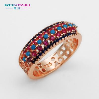 Rongyu Luxury Electroplated Rose Gold Hand Jewelry Red Corundum Micro Inlaid Rainbow Color Zircon High-End Women's Ring