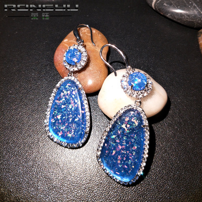 Rongyu Exclusive for Cross-Border Wish Hot-Selling Earrings Manufacturer European and American Luxury Blue Opal Earrings Korean Style Diamond Earrings