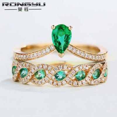 Rongyu 2018 New Wedding Jewelry Inlaid Emerald Zircon Rhinestone 18K Gold Plating Two-Piece Crown Ring