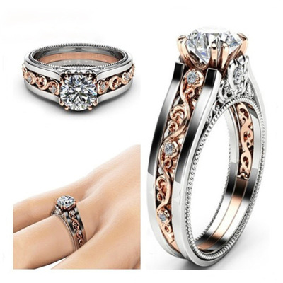 Exclusive for Cross-Border Wish Hot Sale European and American Fashion Flower Ring Two-Color Electroplated Flower Cutout Zircon Ring for Women