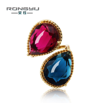 Rongyu Ornament 2018 Foreign Trade Cross-Border Hot Sale New European and American Famous Red and Blue Double Water Drops Open-End Zircon Ring