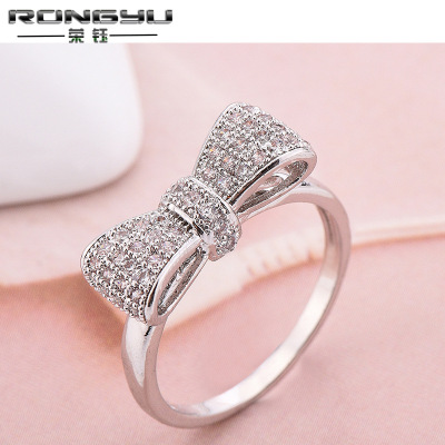 Rongyu Korean Style Creative Bowknot Micro-Inlaid Zircon Ring Women's European and American Popular Cross-Border New Popular Jewelry Manufacturers