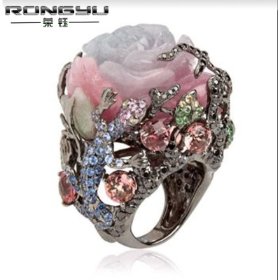Rongyu Wish AliExpress Hot Christmas Gift Peony Flower Timbo Natural Stone Lizard Black Gold Ring