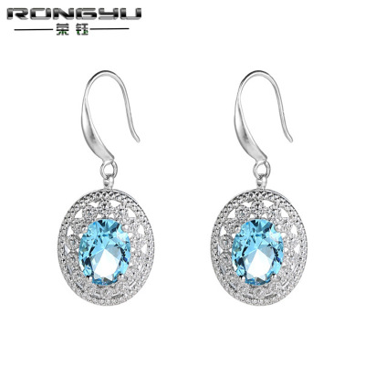 Rongyu Wish Exclusive for Cross-Border Japanese and Korean Jewelry Spot Anti-Allergy Electroplated Sea Blue Zircon Topaz Earrings