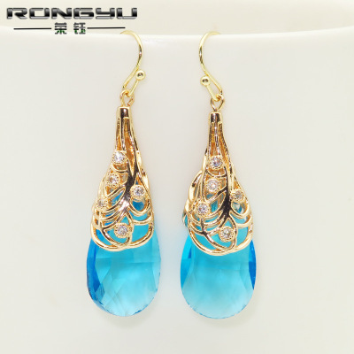 Rongyu Europe and America Cross Border Top-Selling Product Fashion Hollow Flower Earrings Micro Inlaid Zircon Sea Blue Water Drop Crystal Earrings