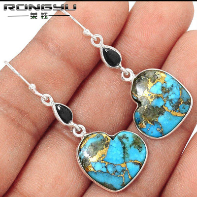 Rongyu Wish Amazon New Earrings Cross-Border Best Seller in Europe and America Retro Heart-Shaped Blue Dragon Crystal Turquoise Earrings