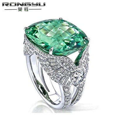 Rongyu Wish AliExpress Amazon Hot Sale High-End Ornament with Diamond Wings Emerald Zircon Ring