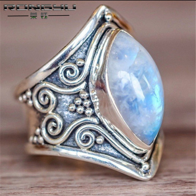 Rongyu Wish Hot Sale New Pang Ke Style Exaggerated Hand Jewelry Wholesale European and American Retro Moonstone Marcasite Ring