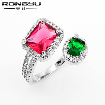 Rongyu European and American Style Micro-Inlaid Colorful Zircon High-End Open Ring Fashion Ruili Elegant Red Sapphire Ring