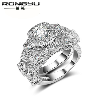 Rongyu Ornament Cross-Border Hot Ring Manufacturer European and American Luxury Big Brand Two-Piece Zircon Ring Men and Women Diamond Ring
