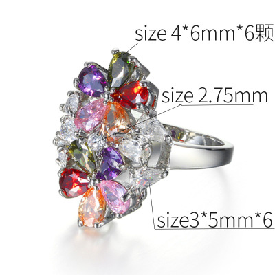 Fashion Korean Style Mona Lisa Mixed Color Colorful Zircon Ring European and American Luxury Platinum Electroplated Ring Hand Jewelry