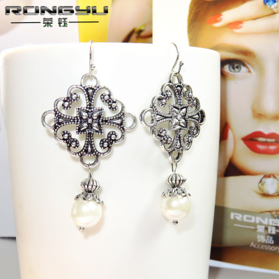 Rongyu Cross-Border New Style Earrings European and American Retro Simplicity Pearl Earrings Thai Silver Clover Long Female Earrings