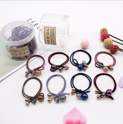 Hot Selling Korean Style Boxed Hair Band New Gold Powder Crystal Beads Knotted Rubber Band Double Line Lotus Rhizome Node Hair Band 10 Pieces/Box