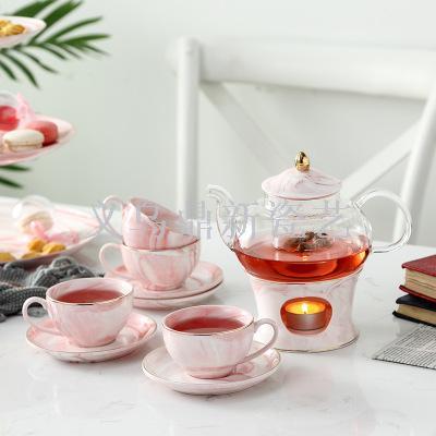 Ceramic Nordic marble flower tea set with glass flower tea pot