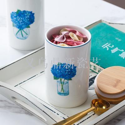Simple Nordic seal pot glazed decal blue bouquet with wooden cover storage ceramic caddy