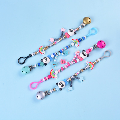 Hot selling baby products baby pacifier chain clip panda head rainbow gum chain off pacifier clip