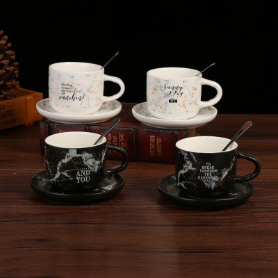 Black and White Marbling Coffee Cup Couple Ceramic Cup Home Office Cup and Saucer Set High-End Practical Gift Cup