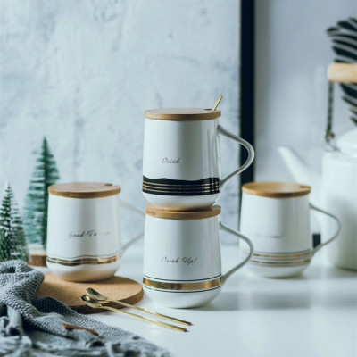 Hot stamping 10 ceramic 10 cup high-grade Nordic line mug with cover and spoon gift cup Tummy cup 10 Water Cup
