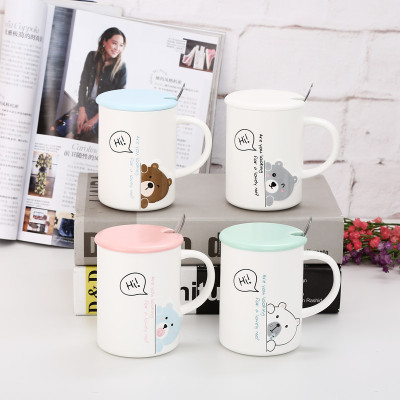 [Leiwo Ceramics] Cute Embossed Bear Ceramic Cup with Cover with Spoon Mug