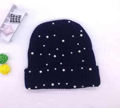 Knit hat lady point drill pearl round machine ear cap double thickened wool cap casual foreign trade cap
