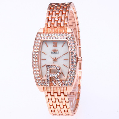 Aliexpress hot R creative lady quartz watch fashion diamond stainless steel personality steel band watch gift