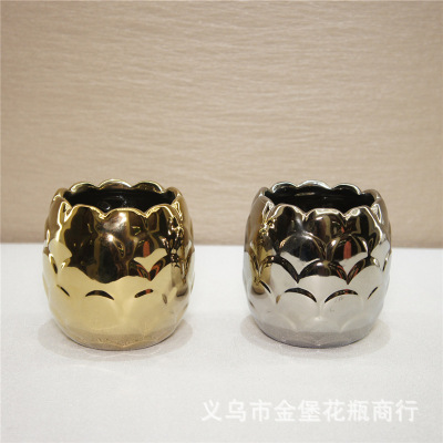 Light Luxury New Chinese Style European Modern Fresh Ceramic Flowerpot Creative Gold Silver Plating Small Flower Pot Crafts