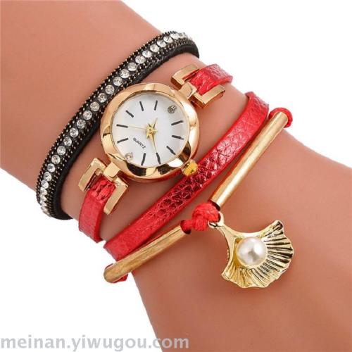 New Leather Women‘s Shell Pearl Decorative Pendant Watch