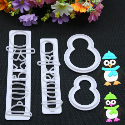 DIY Baking Tool 4-Piece Set Cute Penguin Snowman Cutter Fondant Cake Decoration Plastic Mold