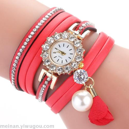 New Point Diamond Circle Pearl Rose Pendant Women‘s Fashion Watch