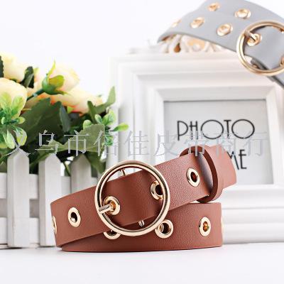 New round buckle wide belt women Hollowed -out Women's leather belt versatile fashion eye women