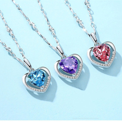 Korean Style Platinum Heart of Eternity Heart-Shaped Hanging Women's Pendant Blue Crystal Love Necklace Fashion Short Necklace Factory Wholesale