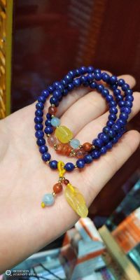 Three rings natural lapis lazuli bracelet with raw mineral wax pendant