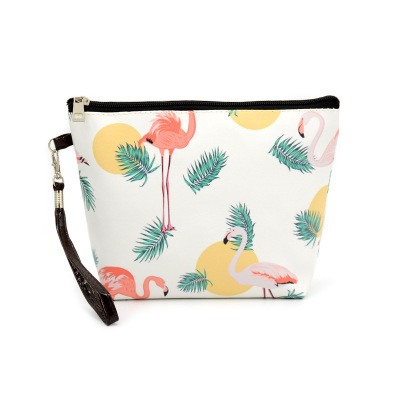 PU leather digital printing with flamingo design for large-capacity cosmetic storage band and handle for cosmetic bag