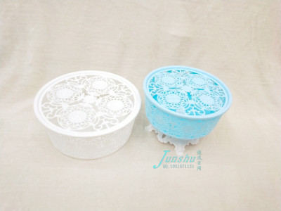 Plastic color hollow out with cover round storage basket with electroplate cover and foot storage basket
