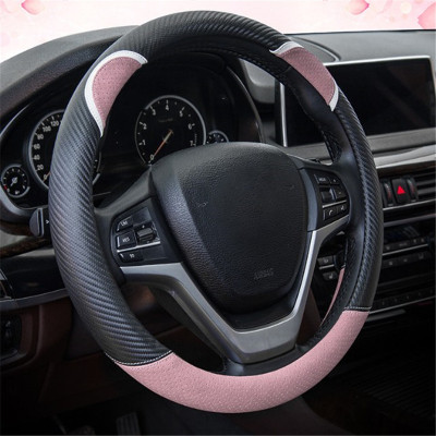 New D-Type Car Steering Wheel Cover Linen Suede Carbon Fiber Leather Cute Rabbit Female Cartoon Car Handle Cover
