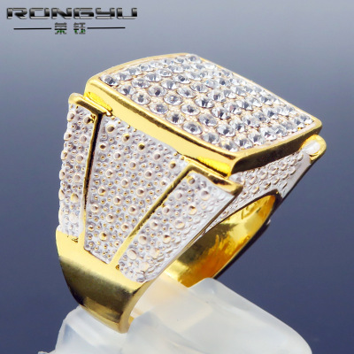 Rongyu wish hot new 18k gold plated square male full diamond ring Europe and the United States double color engagement ring