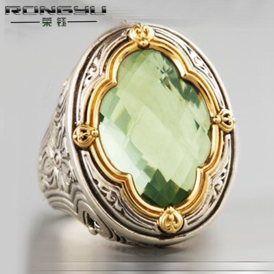 Rongyu Cross-Border Hot Jewelry for European and American Fashion Vintage Thai Silver Two-Tone Ring Olive Green Color Separation Ring