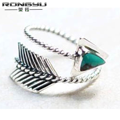 Rongyu ebay new S925 silver plated turquoise feather bow and arrow ring creative retro Thai silver ring