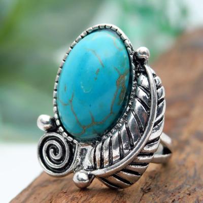 Rongyu Retro Natural Turquoise Ring Creative and Refined Embossed Leaves Plated 925 Retro Silver Eye-Catching Ring