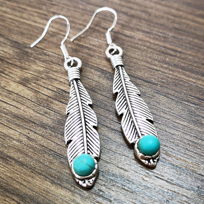 2019 Rongyu New European and American Court Vintage Turquoise Feather Earrings Plated S925 Silver Long Earrings Manufacturer