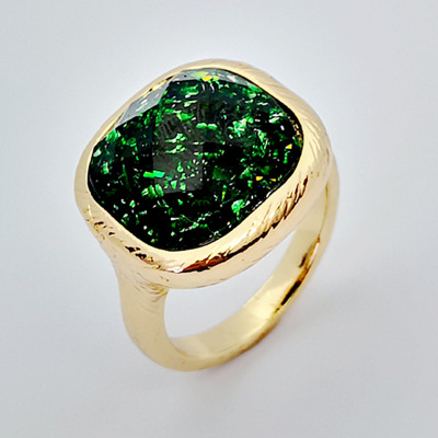 Rongyu wish new simple square green opal ring European and American fashion plated 18k gold wire drawing ring